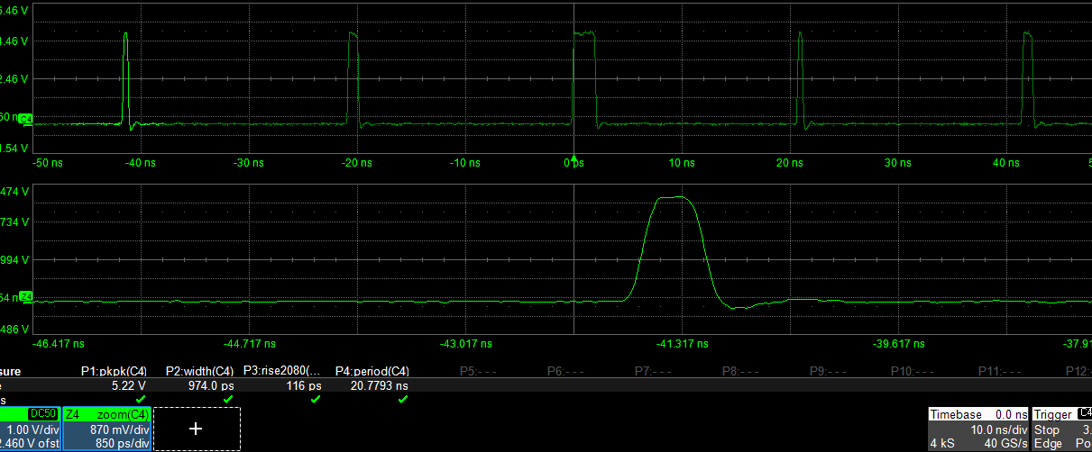 Oscilloscope capture of multiple pulses at 5 Vpp