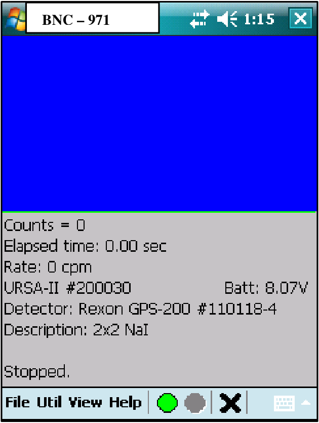 Main Screen with the blue Spectrum Display at top, instrument and detector information in the middle, and the menu and button bar at the bottom.