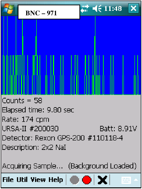 Main Screen during acquisition, with the spectrum building and a red stop indicator, showing live counts, elapsed time, and rate.