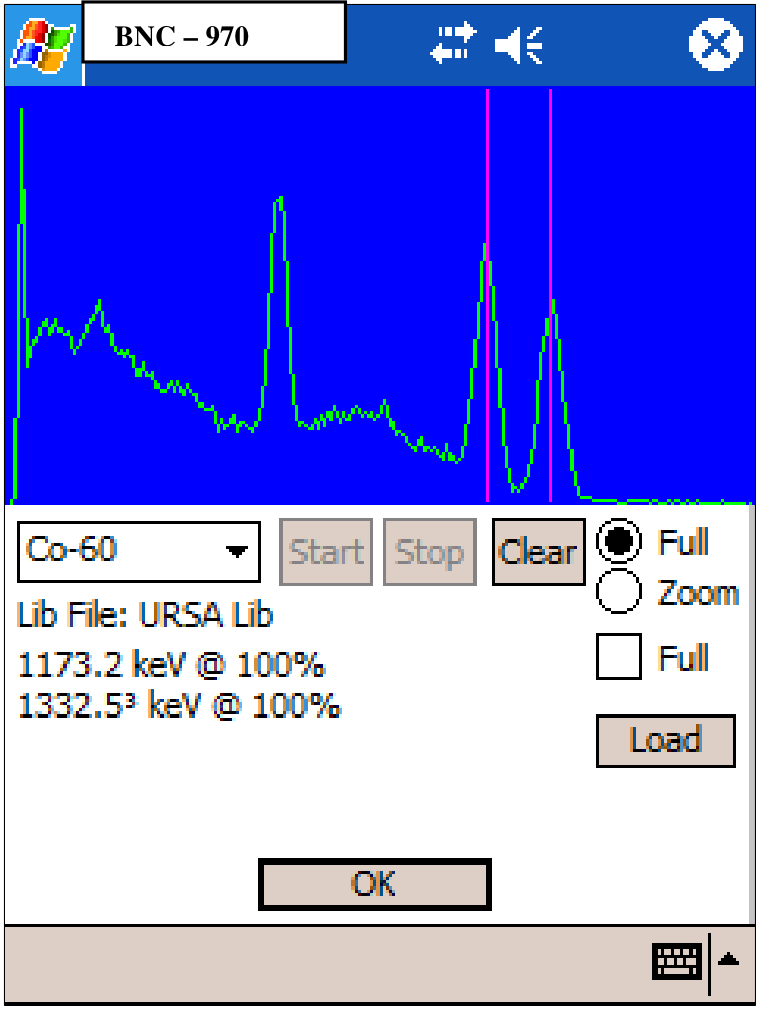 Library View screen with a Co-60 selection, the spectrum, and library energy lines at 1173.2 and 1332.5 keV superimposed over it.