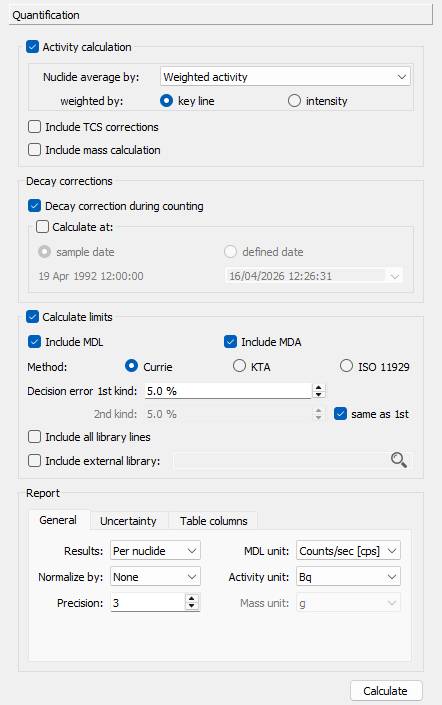 The reorganized quantification model with the new MDL option and report tabs.