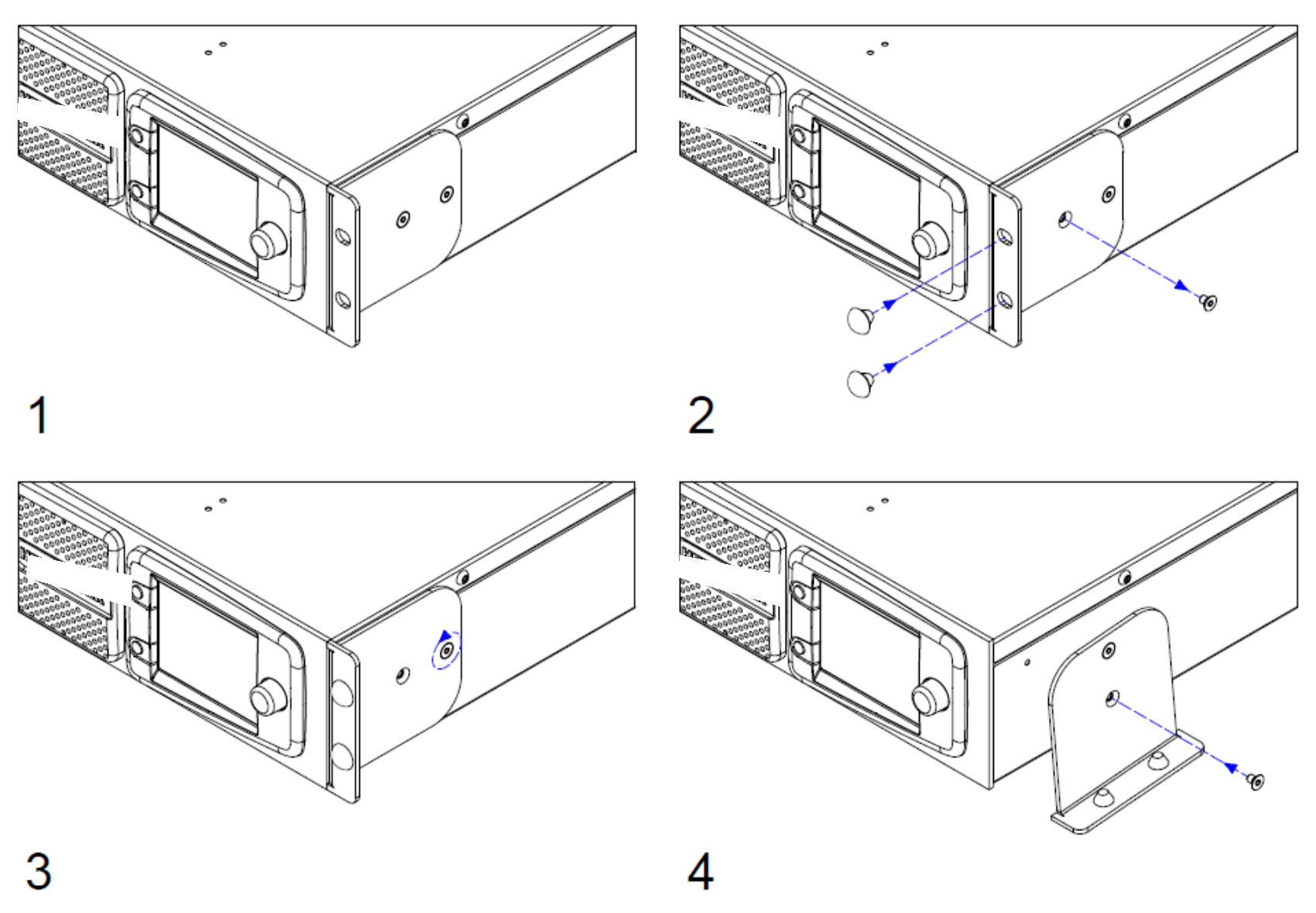 Four-step conversion to a tabletop unit: remove the rack-ear bracket screws, detach the bracket, and refit the lock-in buffer feet