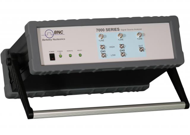 Berkeley Nucleonics 7000 Series signal source analyzer with laptop running the analysis GUI