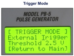 PB-5 LCD display showing the Trigger Mode menu: external trigger, threshold