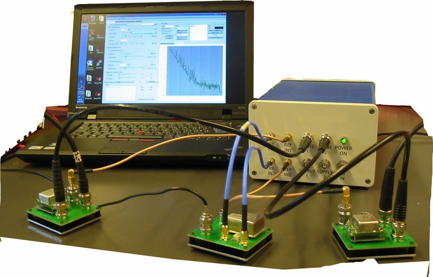 Bench measurement setup: laptop running the phase noise GUI, the 7000 Series instrument, and three OCXO test boards