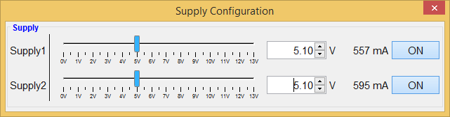 Supply Configuration menu with Supply1 and Supply2 both set to 5.10 V and drawing 557 mA and 595 mA